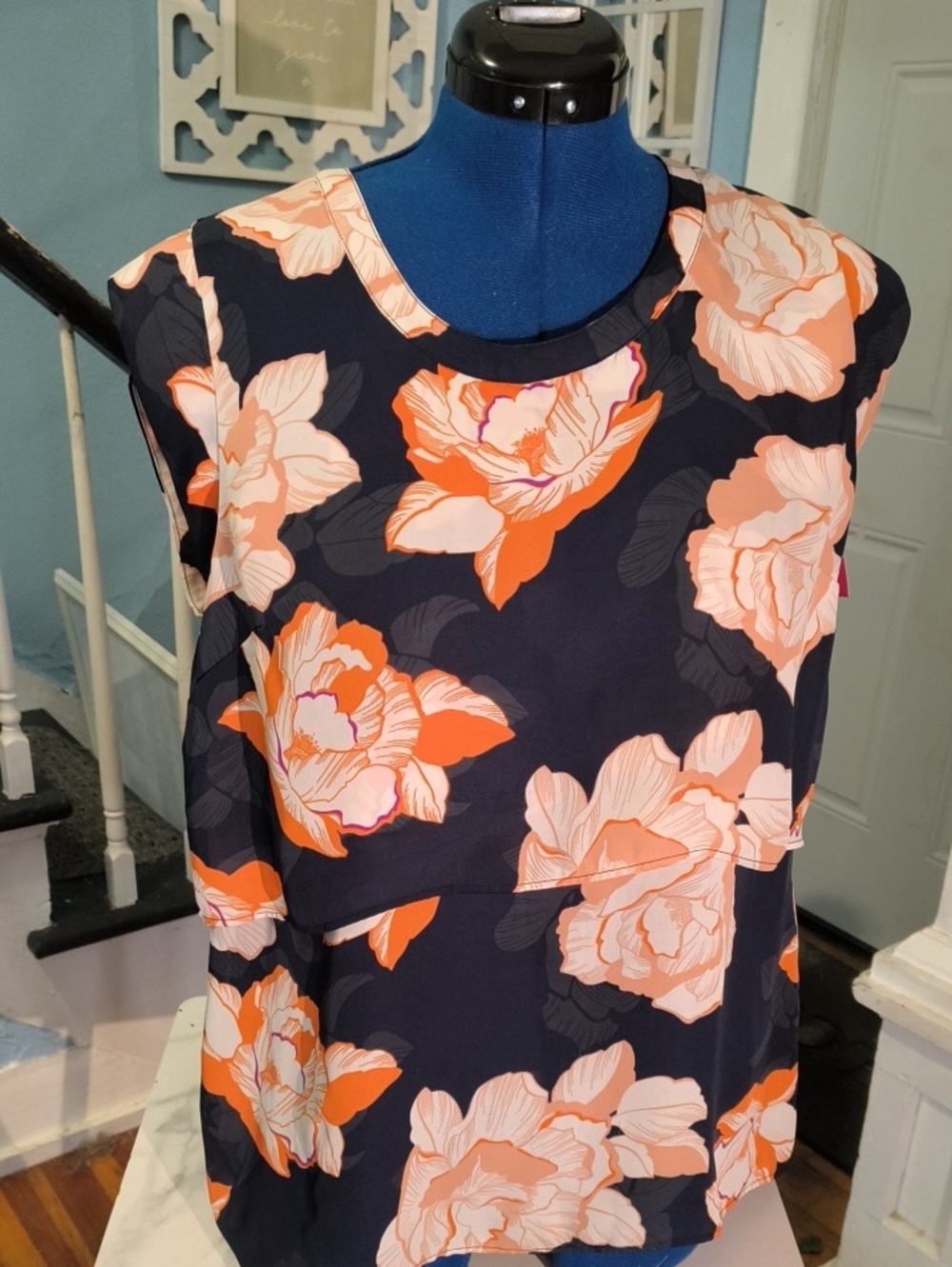 CAbi Navy Sleeveless Blouse with Coral and Blush Floral Print Style 5030
